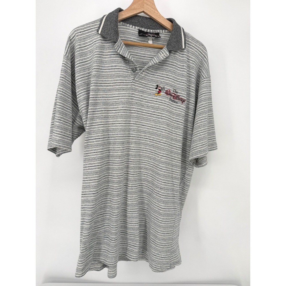Vintage Disney‎ Originals Polo Shirt Mens L Grey Striped Walt Disney Studios